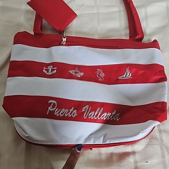 Puerto Vallarta Women's Souvenir Beach Tote With Coin Purse Small Red/ White - Picture 14 of 16